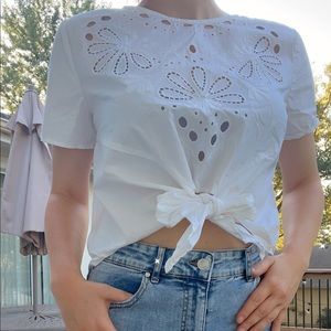 White tie front eyelet crop top
